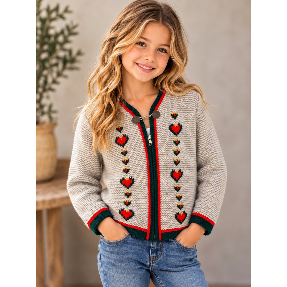St Peter Trachten Kids Gray Wool Sweater Heart Embroidery Tyrolean Size 10/12